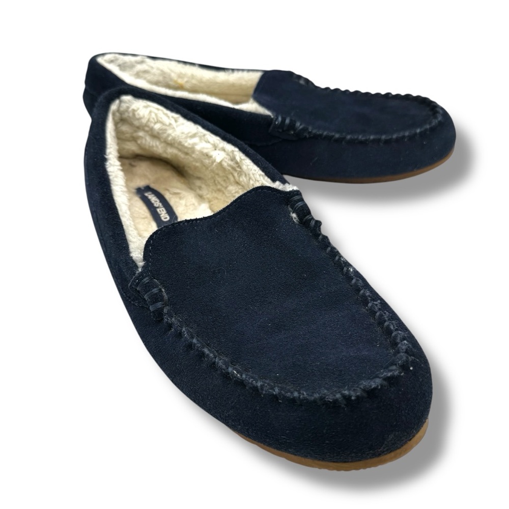 Lands' End Suede Leather Moccasin Slippers, Navy Blue, Size 10B